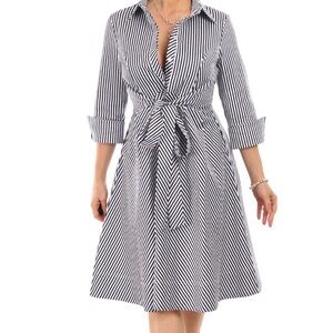 Elegant Black and White Striped Long Sleeve Dress